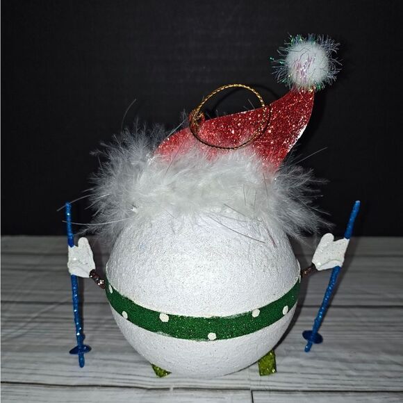 Pier 1 Imports 5.5" Glitter Skiing Snowman Ball Christmas Holiday Tree Ornament - Picture 7 of 9